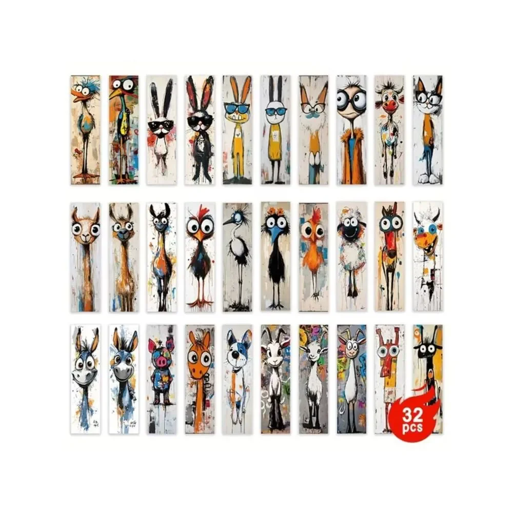 NWT 32pc Abstract Graffiti Animal Bookmark Set Quirky Cartoon Mixed Media Gift